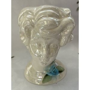 Vintage Norcrest Lustreware Lady Head Vase, BR-17, Blue Flower